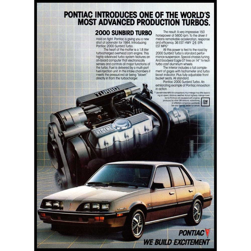 1984 Pontiac Sunbird Turbo Sedan Vintage Print Ad Engine Technology Wall Art 80s